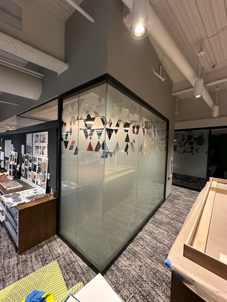 Commercial Office Frosted Conference Room Tint with a custom design in Downtown Denver